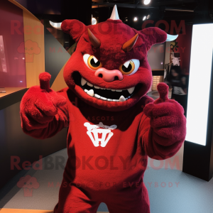 Maroon Demon mascot costume character dressed with a Sweatshirt and Wraps