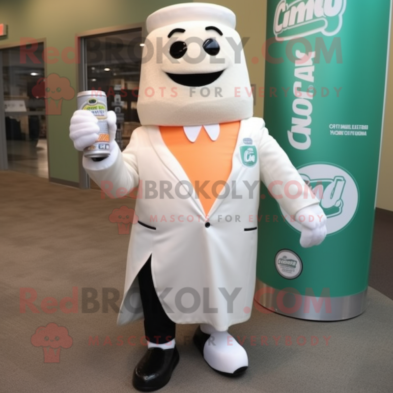 Cream Soda Can mascot costume character dressed with a Suit Jacket and Mittens