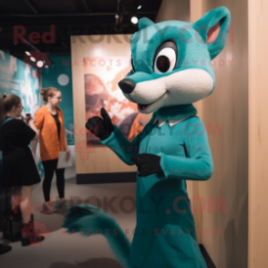 Teal Marten mascot costume character dressed with a Shift Dress and Hairpins