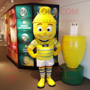 Lemon Yellow Scented Candle mascot costume character dressed with a Rugby Shirt and Headbands