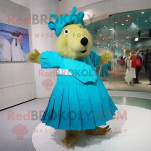 Cyan Capybara mascot costume character dressed with a Pleated Skirt and Berets