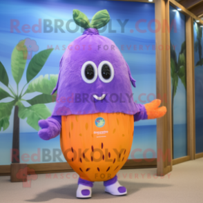 Lavender Mango mascot costume character dressed with a One-Piece Swimsuit and Scarf clips