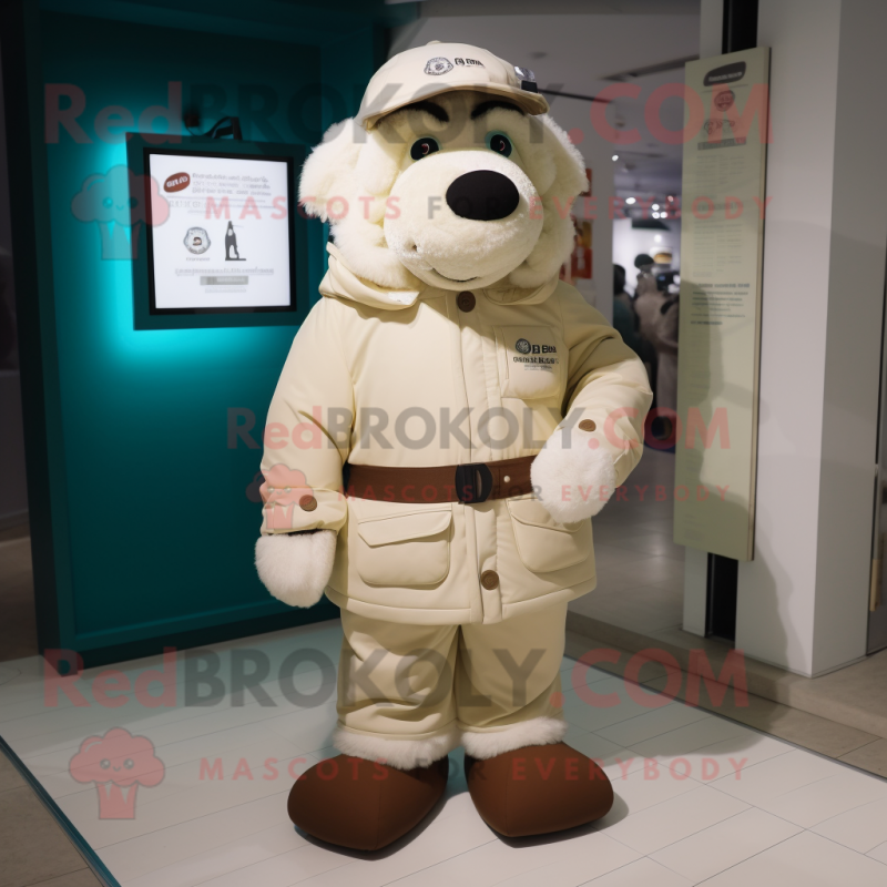 Cream Cod mascot costume character dressed with a Parka and Belts