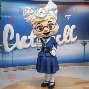 Navy Love Letter mascot costume character dressed with a Pencil Skirt and Hairpins