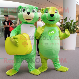 Lime Green Otter mascot costume character dressed with a Boyfriend Jeans and Clutch bags