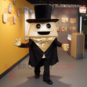 Gold Nachos mascot costume character dressed with a Tuxedo and Hat pins