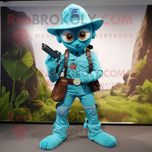 Turquoise Sniper mascot costume character dressed with a Flare Jeans and Suspenders