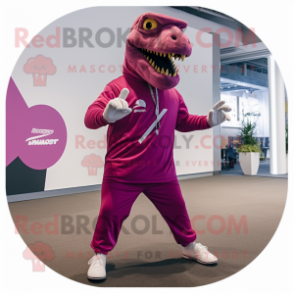 Magenta T Rex mascot costume character dressed with a Joggers and Ties