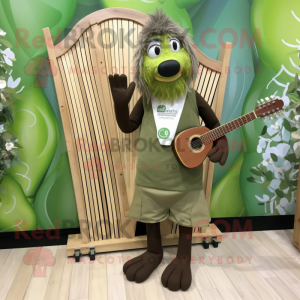 Olive Celtic Harp mascot costume character dressed with a Dungarees and Bracelet watches