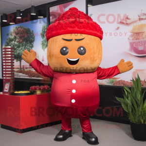 Red Fried Rice mascot costume character dressed with a Leather Jacket and Headbands