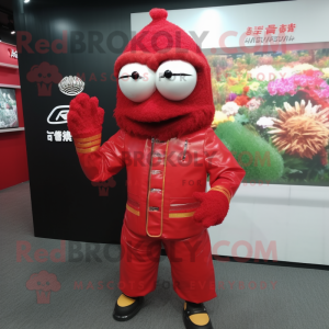 Red Fried Rice mascot costume character dressed with a Leather Jacket and Headbands