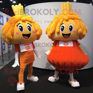 Peach French Fries mascot costume character dressed with a Culottes and Keychains