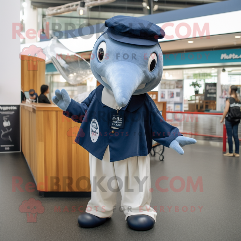 Navy Humpback Whale mascot costume character dressed with a Oxford Shirt and Caps