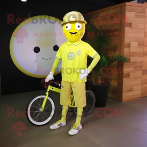 Lemon Yellow Unicyclist mascot costume character dressed with a Polo Shirt and Caps