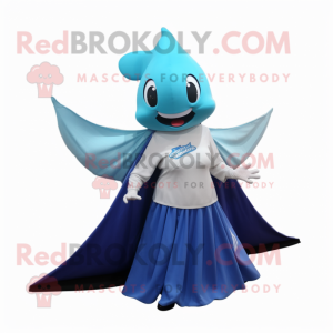 Cyan Manta Ray mascot costume character dressed with a Pleated Skirt and Beanies