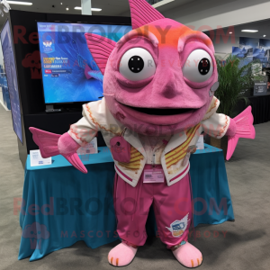 Pink Fish Tacos mascot costume character dressed with a Button-Up Shirt and Coin purses