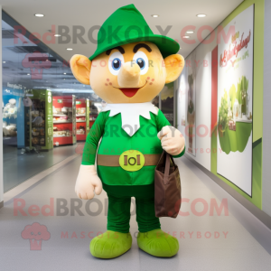 Olive Leprechaun mascot costume character dressed with a Polo Shirt and Clutch bags