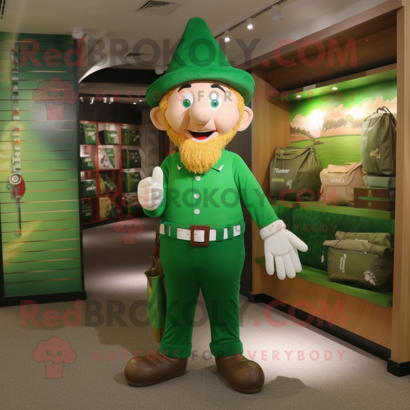 Olive Leprechaun mascot costume character dressed with a Polo Shirt and Clutch bags