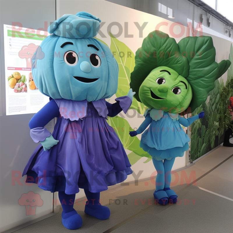 Blue Cabbage mascot costume character dressed with a Shift Dress and Cummerbunds