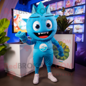 Blue Ceviche mascot costume character dressed with a Romper and Smartwatches