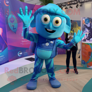 Blue Ceviche mascot costume character dressed with a Romper and Smartwatches