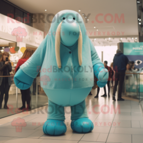 Cyan Walrus mascot costume character dressed with a Jeggings and Cummerbunds
