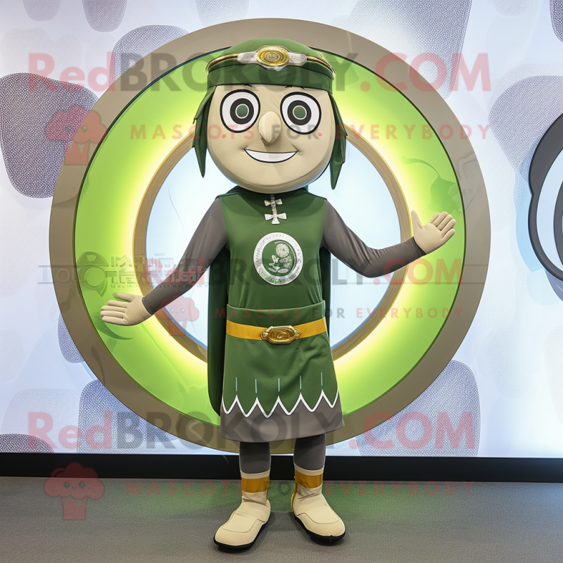 Olive Celtic Shield mascot costume character dressed with a Romper and Beanies