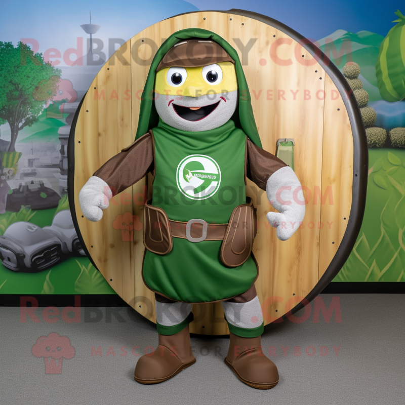 Olive Celtic Shield mascot costume character dressed with a Romper and Beanies