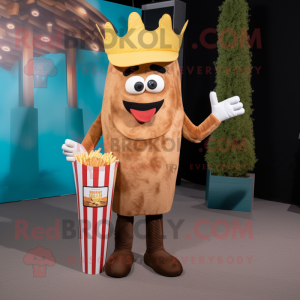 Brown French Fries mascot costume character dressed with a Chinos and Suspenders