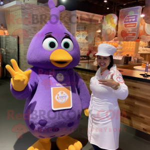 Purple Butter Chicken mascot costume character dressed with a Overalls and Smartwatches