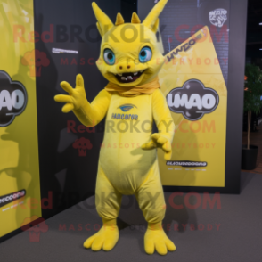 Lemon Yellow Chupacabra mascot costume character dressed with a Jeans and Wraps