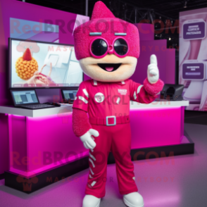 Magenta Pop Corn mascot costume character dressed with a Jumpsuit and Digital watches