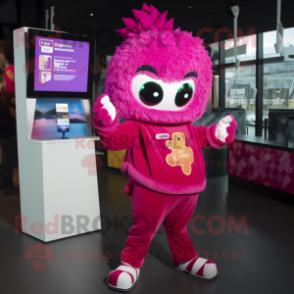 Magenta Pop Corn mascot costume character dressed with a Jumpsuit and Digital watches