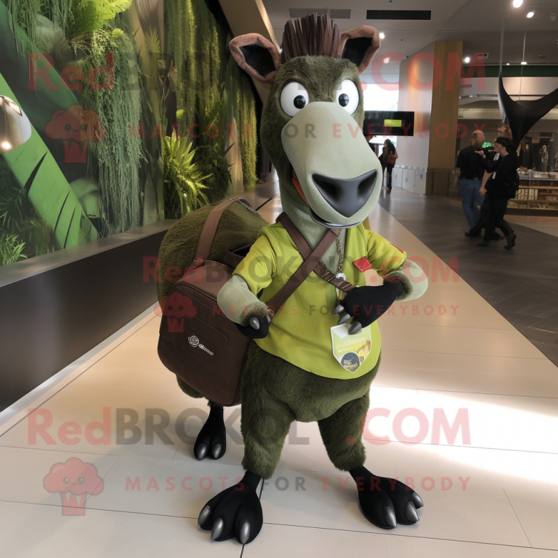 Olive Okapi mascot costume character dressed with a Jeans and Messenger bags