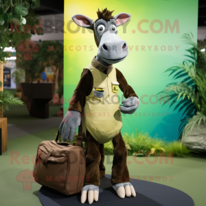 Olive Okapi mascot costume character dressed with a Jeans and Messenger bags