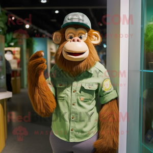 Green Orangutan mascot costume character dressed with a Oxford Shirt and Caps