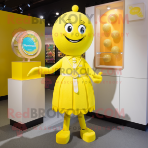 Lemon Yellow Bracelet mascot costume character dressed with a Shift Dress and Lapel pins