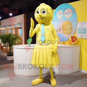 Lemon Yellow Bracelet mascot costume character dressed with a Shift Dress and Lapel pins
