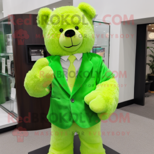 Lime Green Teddy Bear mascot costume character dressed with a Suit Jacket and Earrings