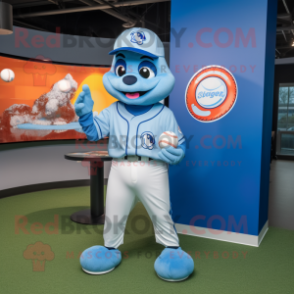 Sky Blue Momentum mascot costume character dressed with a Baseball Tee and Rings