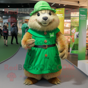 Green Marmot mascot costume character dressed with a Pleated Skirt and Beanies