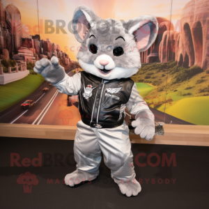 Silver Chinchilla mascot costume character dressed with a Moto Jacket and Suspenders