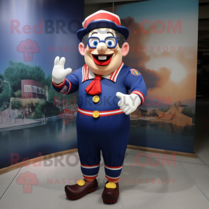 Navy Clown mascot costume character dressed with a Overalls and Eyeglasses