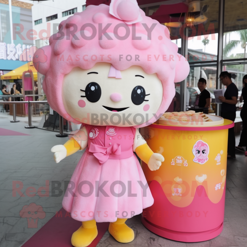 Pink Dim Sum mascot costume character dressed with a Playsuit and Hair clips