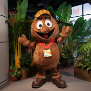 Brown Mango mascot costume character dressed with a Dungarees and Bracelet watches