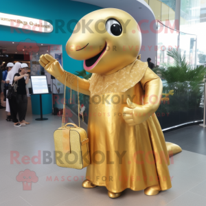 Gold Whale mascot costume character dressed with a Dress and Wallets