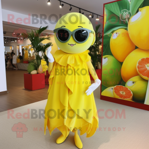 Lemon Yellow Dim Sum mascot costume character dressed with a Dress and Sunglasses