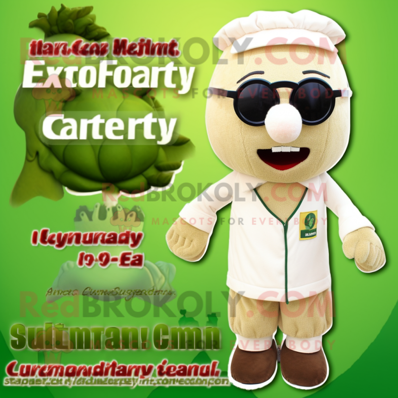 Beige Celery mascot costume character dressed with a Shorts and Eyeglasses