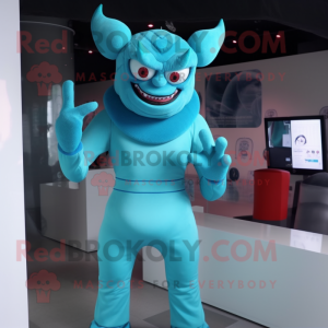 Cyan Devil mascot costume character dressed with a Turtleneck and Rings
