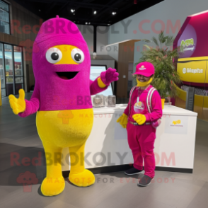 Magenta Lemon mascot costume character dressed with a Henley Shirt and Mittens